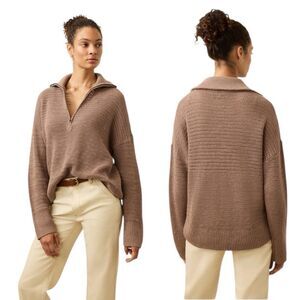 Faherty Miramar Linen Quarter Zip Oversized Sweater Lux Wood Smoke XS PRISTINE
